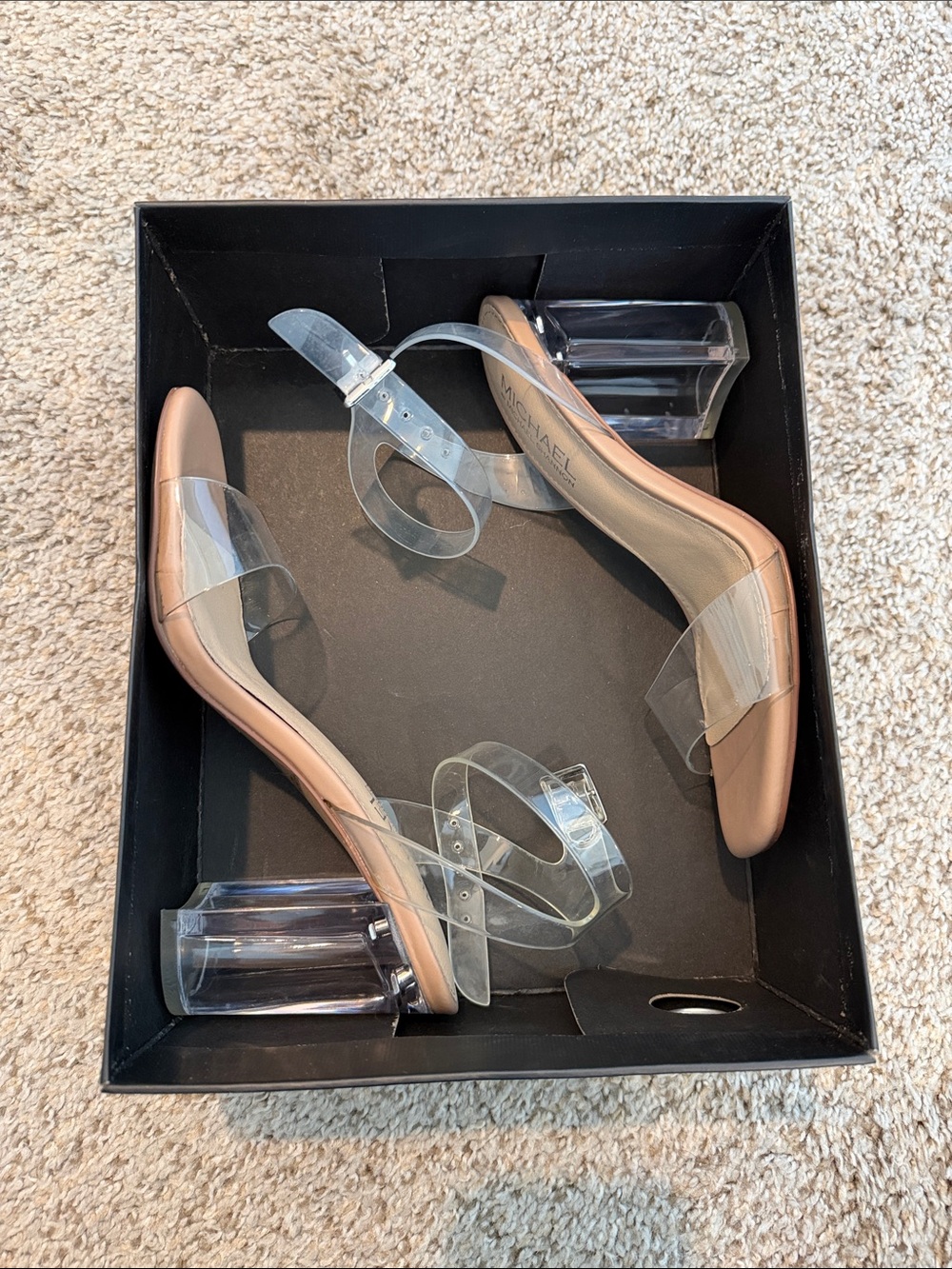 Michael Shannon Salina Clear Strap Block Heel Sandals in Nude Size 6.5
